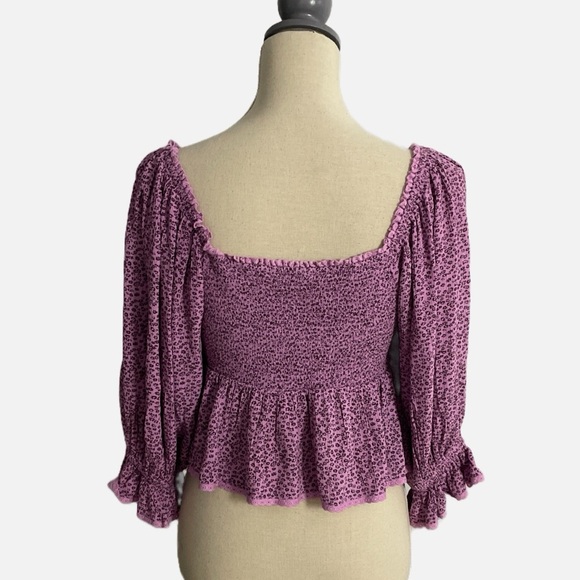 Free People Brittnee Print Smocked Peplum Top Purple Small Floral Smocked - Picture 3 of 11